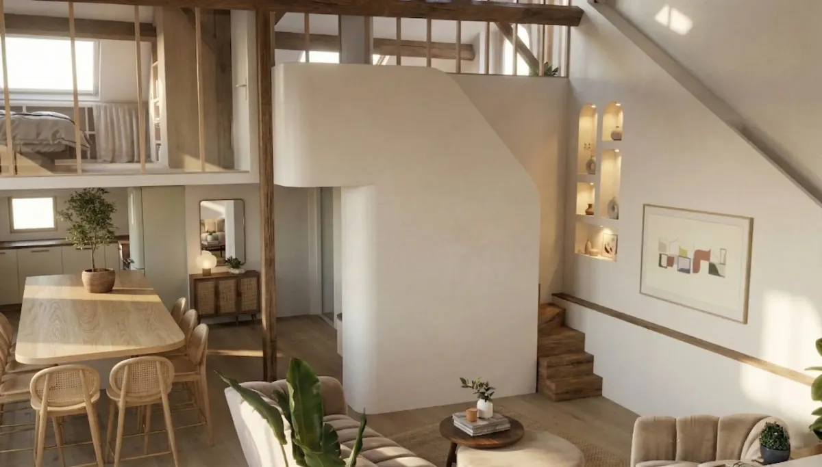 Rénovation appartement sous les toits centre-ville Vannes - Pièce de vie lumineuse îlot dînatoire